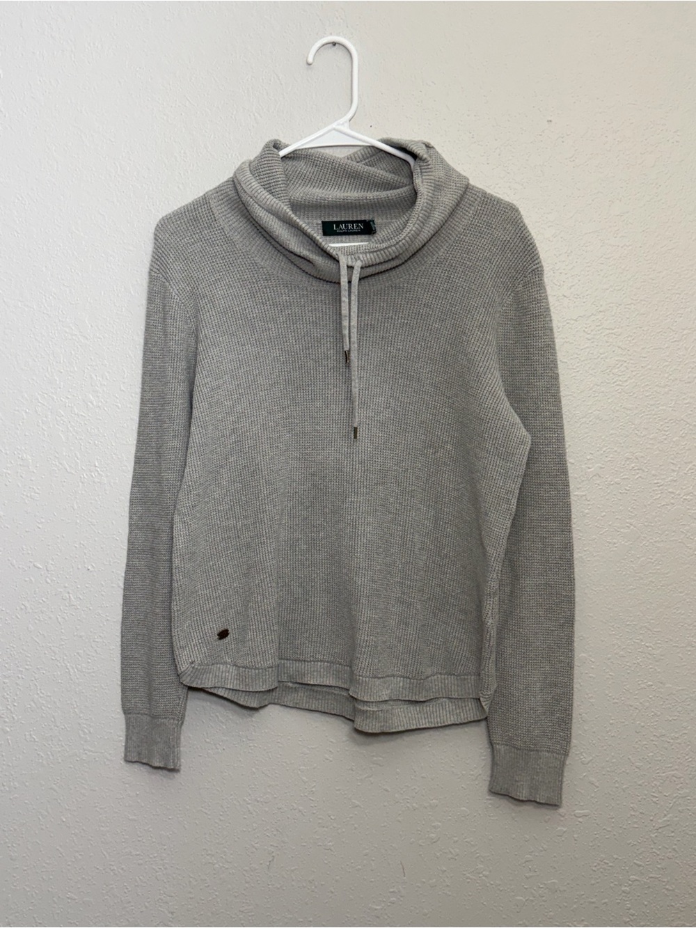 Lauren Ralph Lauren Grey Cotton Drawstring Cowl Neck Knitted Pullover Size L